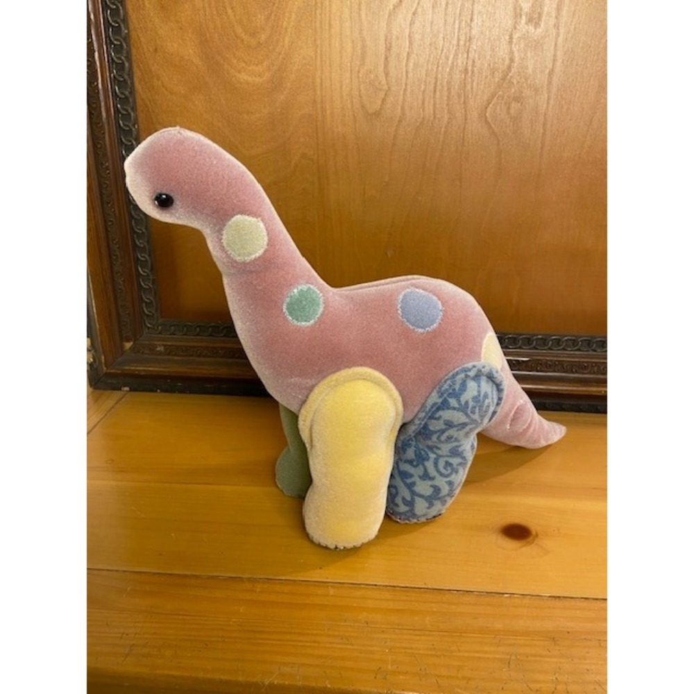 Vintage Handmade Patchwork Dinosaur Plush Pink Velvet Polka Dot Brontosaurus